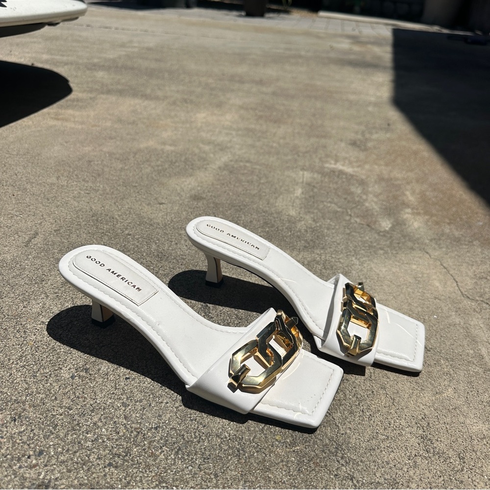 Good American White and Gold Heels with Chain Detail